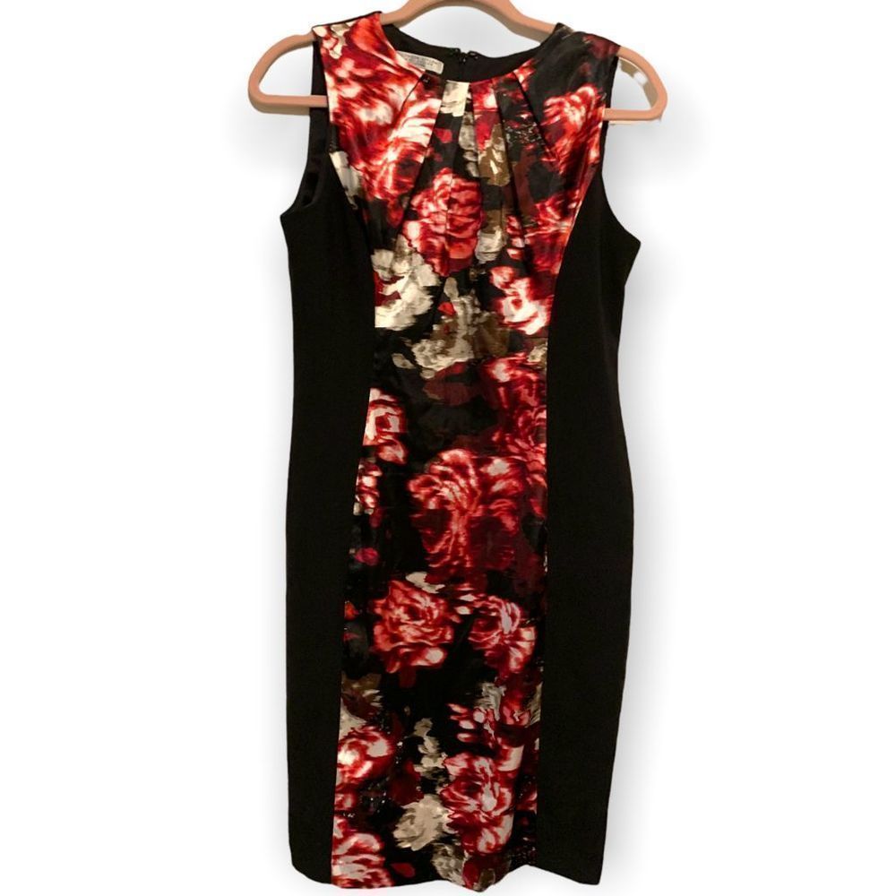 London Style Black Red Floral Sleeveless Dress 8P (K-023)